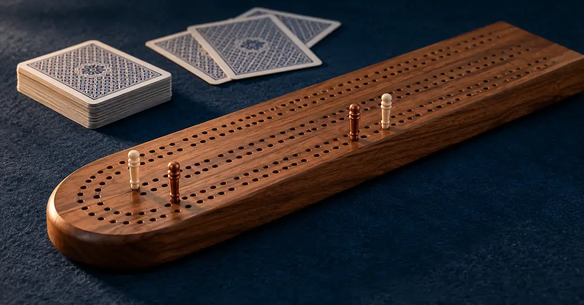 Puinen cribbage-lauta, vaaleat ja kuparinväriset pistetikut sekä pelikortit tummansinisellä pelipöydällä.
