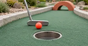 Oranssi minigolfpallo ja putteri ovat reiän edessä vihreällä väylällä, jonka taustalla näkyy terrakotanvärinen kaarieste.