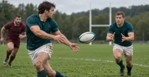 Rugbypelaaja syöttää soikean pallon joukkuetoverilleen nurmikentällä, ja taustalla näkyvät vastustaja sekä maalitolpat.