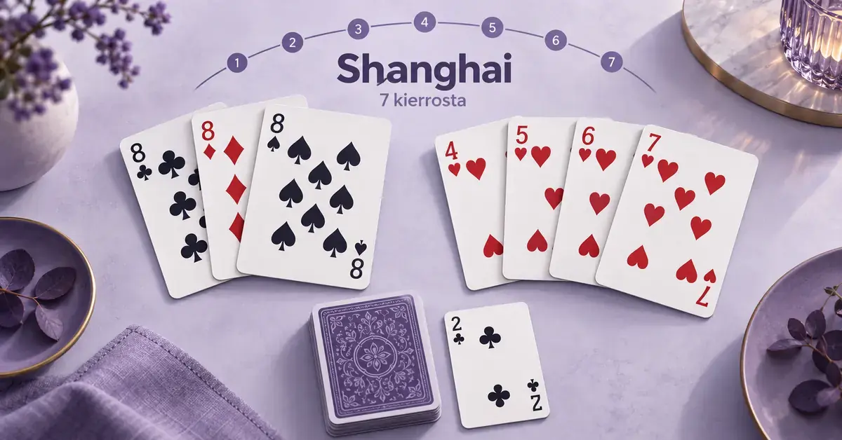 Kolme kasia, herttasuora, nostopakka ja ristikakkonen vaaleanvioletilla pöydällä sekä Shanghai-pelin seitsemää kierrosta kuvaava numeroitu kaari.