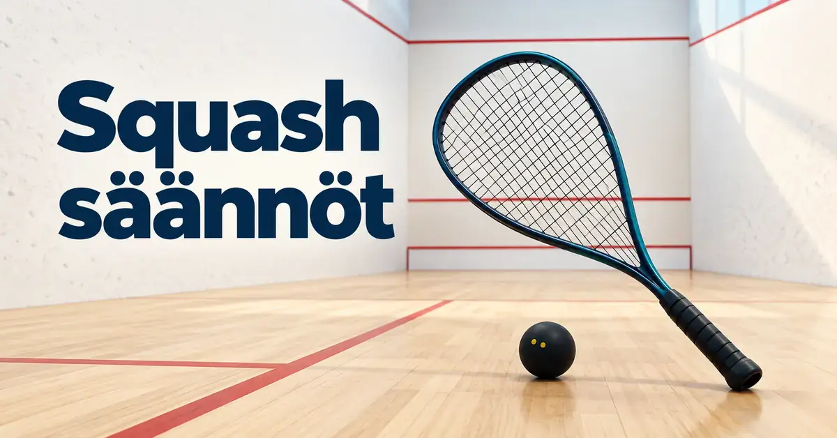 Squash-maila ja musta pallo sisäkentällä, jonka vieressä on teksti ”Squash säännöt”.